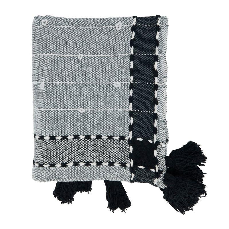 Black and White Cotton Acrylic Banded Border Tassel Throw Blanket