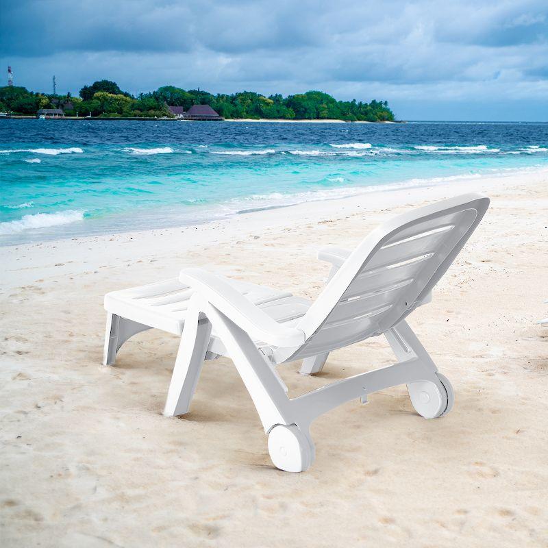 Coastal Breeze White PP Outdoor Folding Chaise Lounge with Wheels