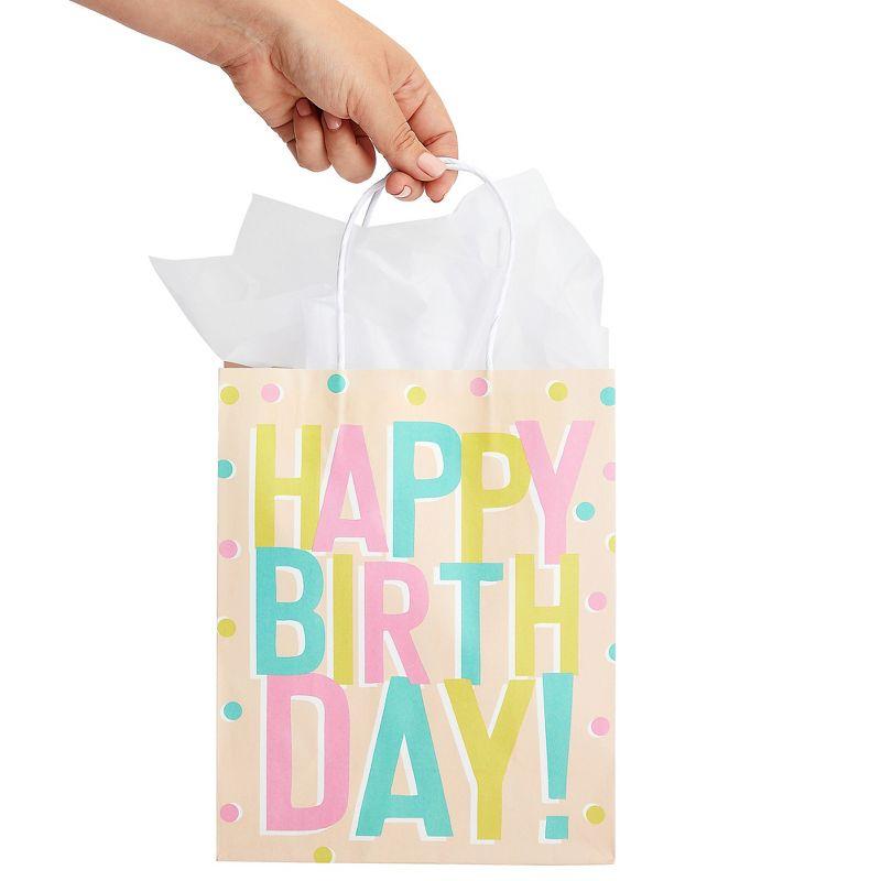 Sparkle and Bash 24 Pack 8 x 10 x 4 Inch Happy Birthday Gift Bags with Handles and 24 Sheets White Tissue Paper, 4 Pastel Colors