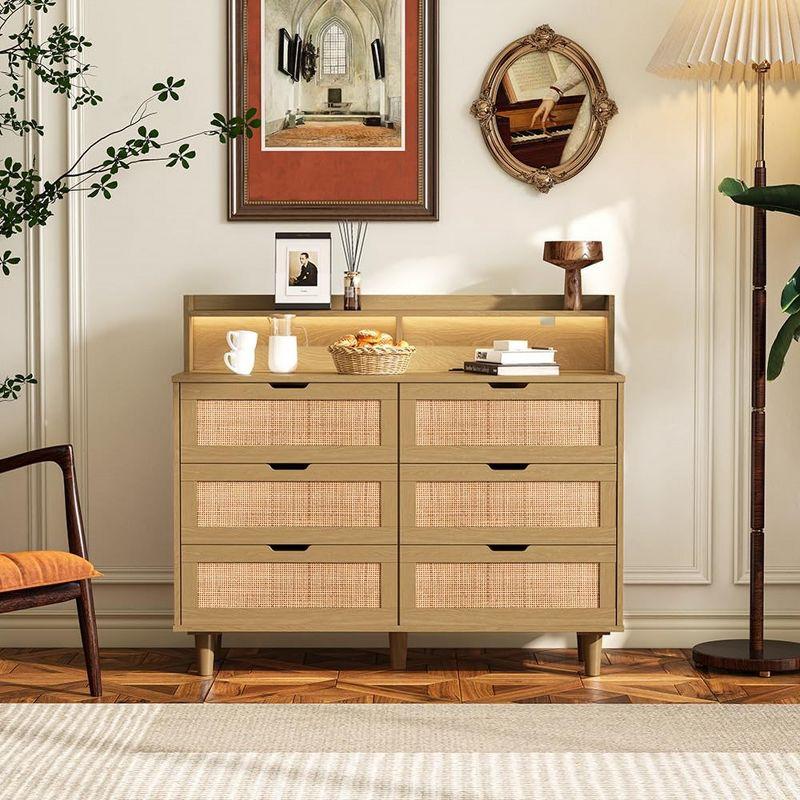 Rattan 6-Drawers Storage Cabinet, 43.31" Dresser with LED Lights and Power Outlet for Entryway, Living Room, Bedroom,Natural