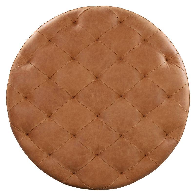 Poly & Bark Ascot Ottoman Cognac Tan: Round Tufted Leather, No Assembly, Dry Dust Care