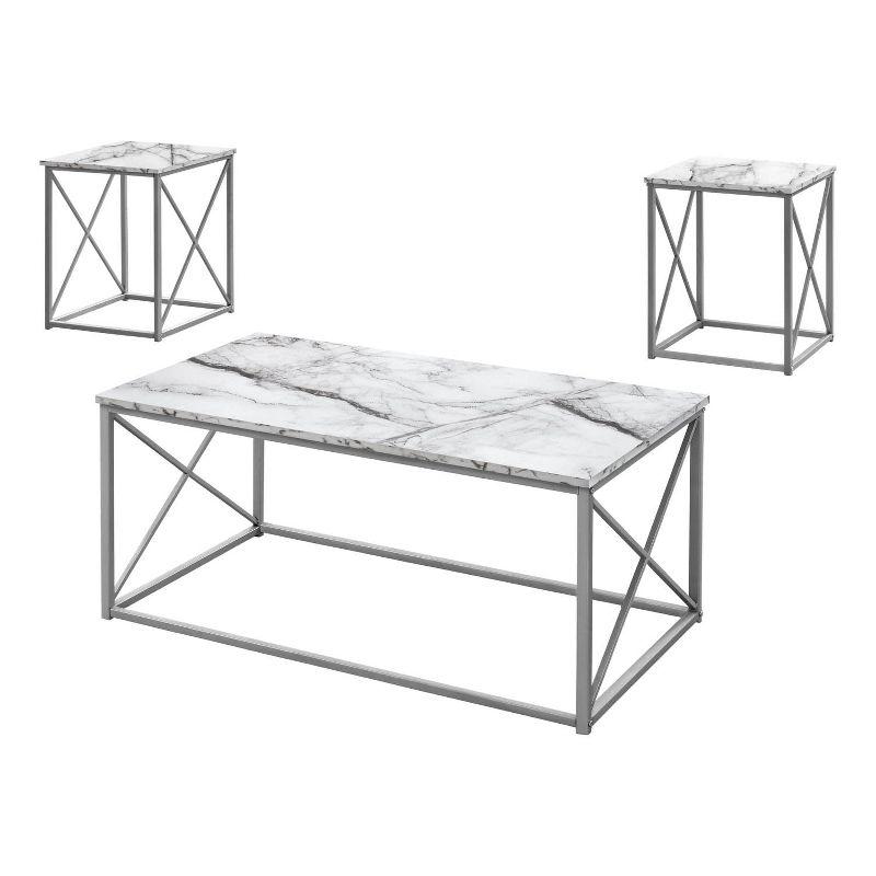 Monarch Specialties Table Set 3Pcs Set Coffee End Side Accent Living Room Metal Laminate White Marble Look Grey Contemporary Modern
