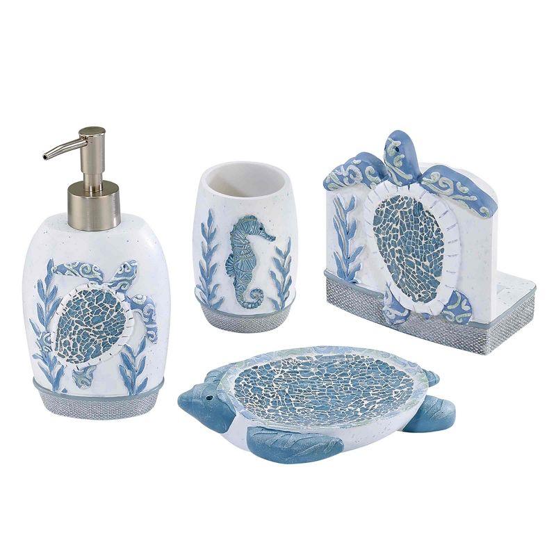 Blue and White Hand-Painted Resin Coastal Bath Accessory Set