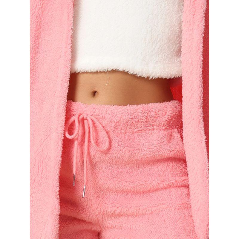 cheibear Women's Fuzzy Fleece Soft Coat Jacket and Crop Top with Shorts 3-Piece Pajamas Lounge Set Pink Small