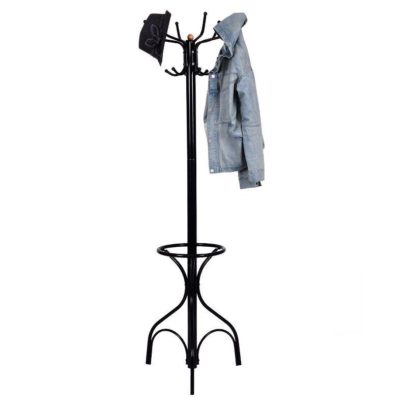 Black Metal Coat Rack with Umbrella Stand and Hooks