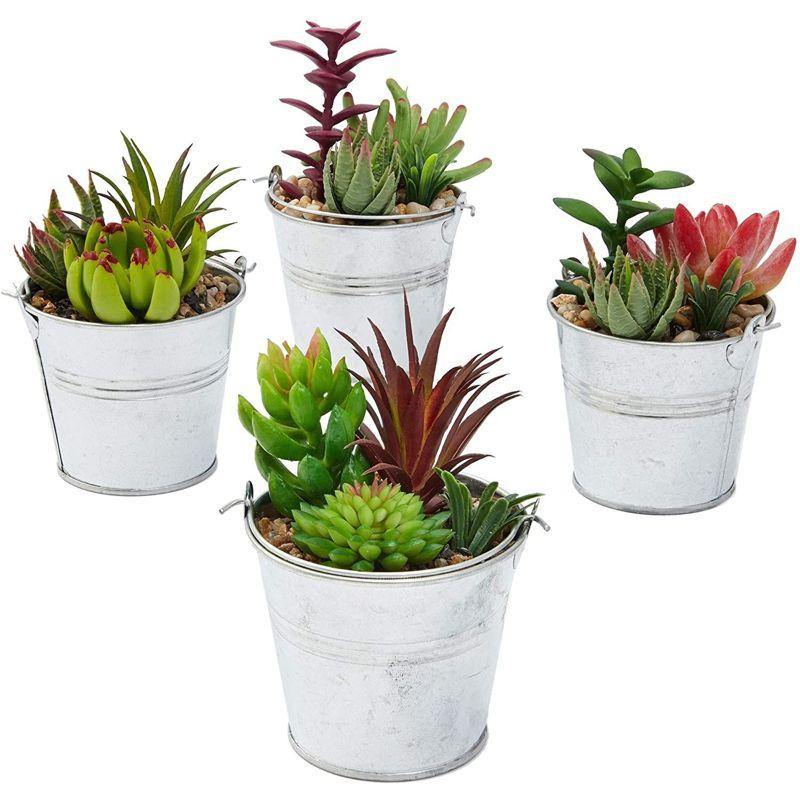 Set of 4 Faux Succulents in Iron Buckets