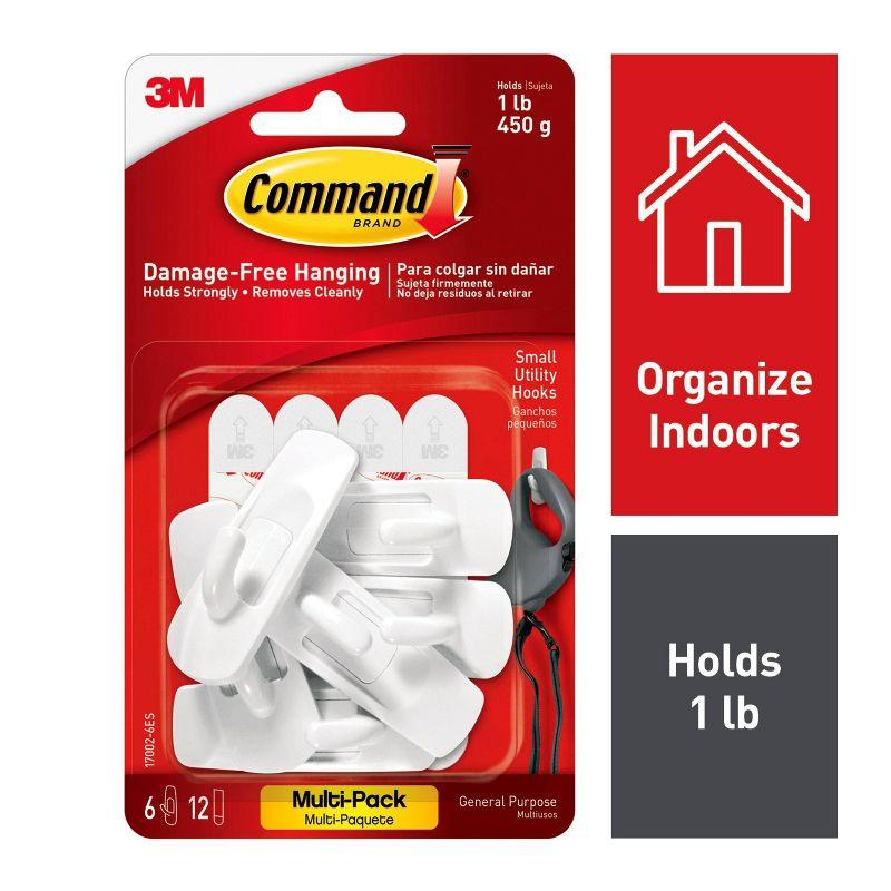 Command 6 Hooks 12 Strips Small Sized UtilityDecorative Hooks Value Pack White: Adhesive Wall Hooks, 1 lb Capacity