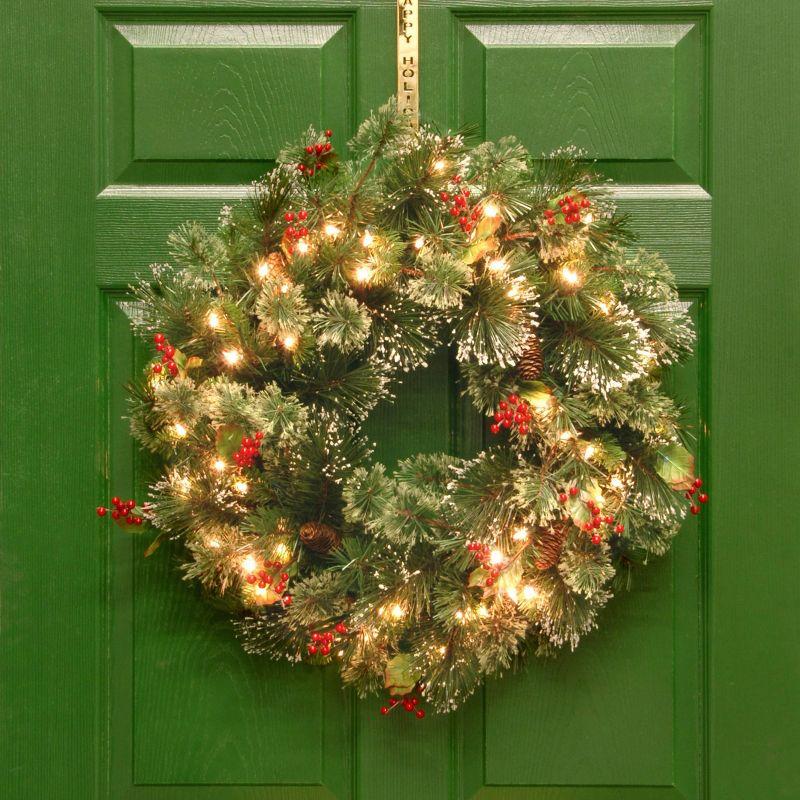 24" Prelit Flocked Crestwood Spruce Christmas Wreath with Cones White Lights - National Tree Company