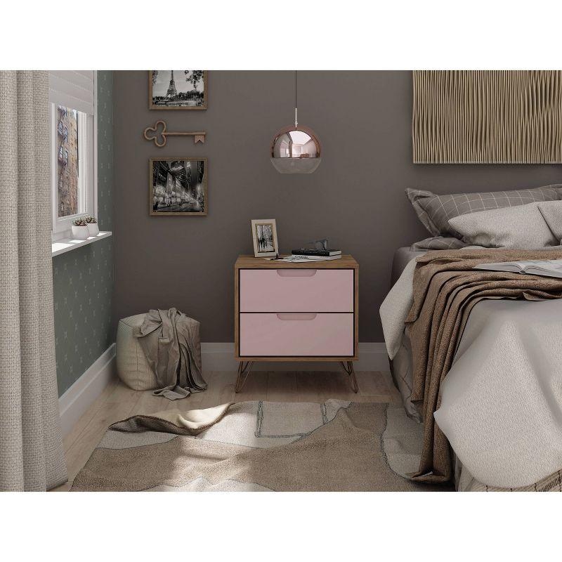 2.0 Rockefeller Nightstand Natural/Rose Pink - Manhattan Comfort: Modern MDF Bedside Storage with Metal Glides