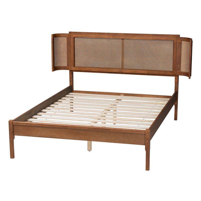 Baxton Studio Eridian Mid-Century Modern Walnut Brown Finished Wood and Natural Rattan Full Size Platform Bed