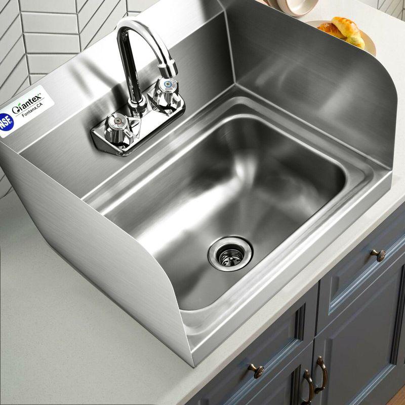 Tangkula Stainless Steel Sink NSF Wall Mount Hand Washing Sink with Faucet & Side Splash