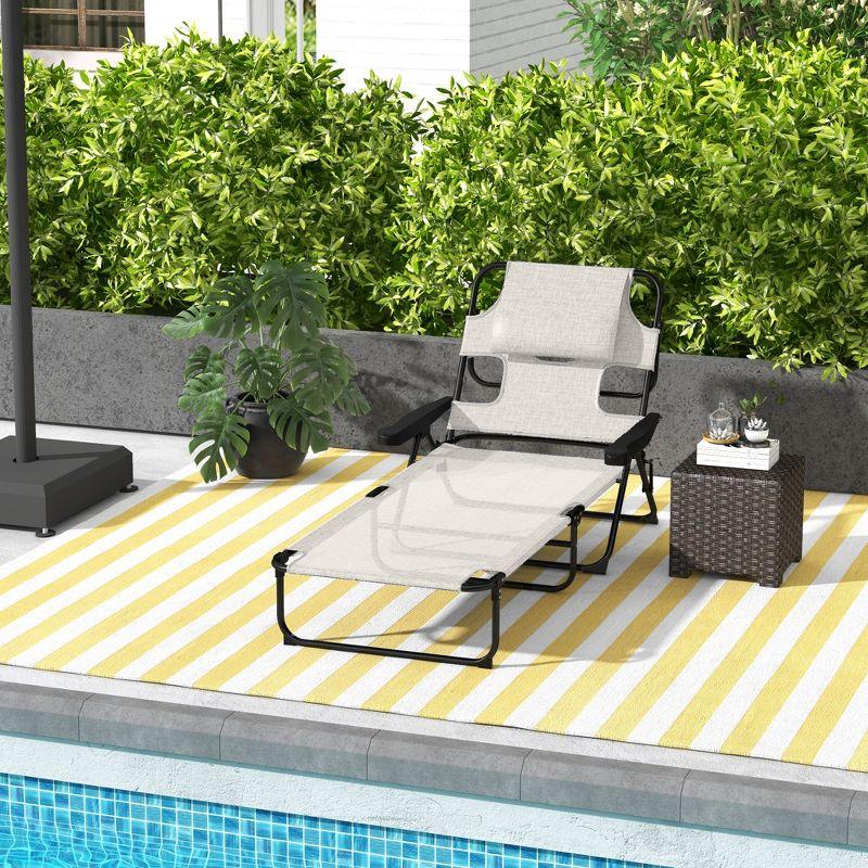 Cream White Mesh Fabric Reclining Outdoor Chaise Lounge Chair with Arms