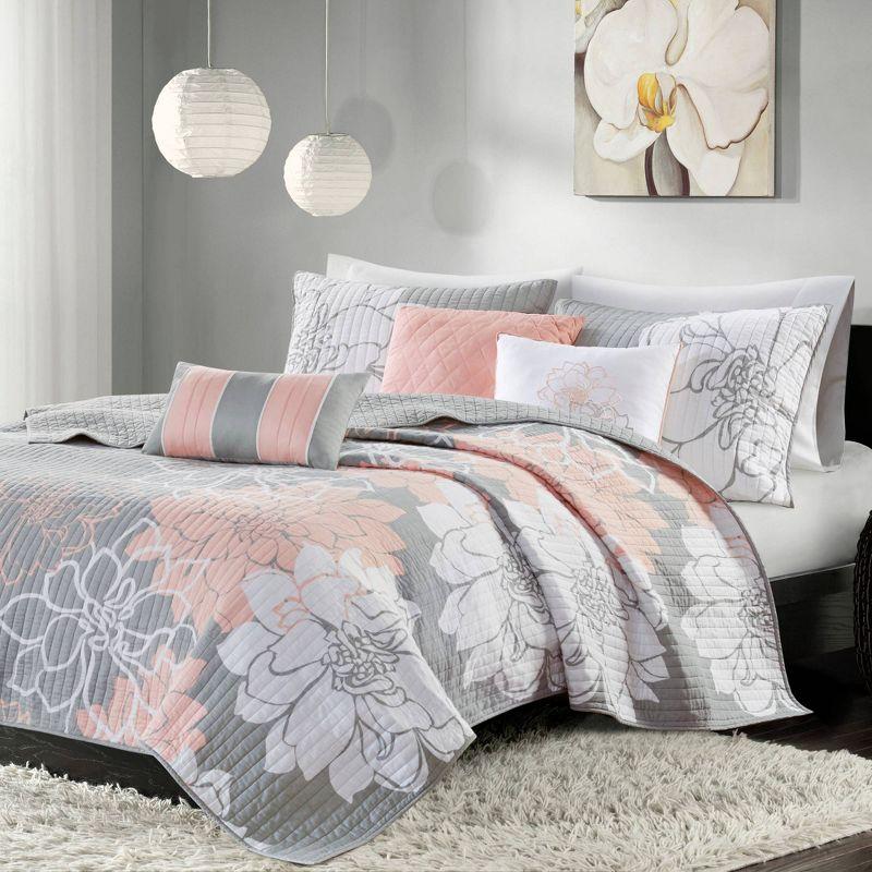 King Gray Floral Reversible Cotton Quilt Set