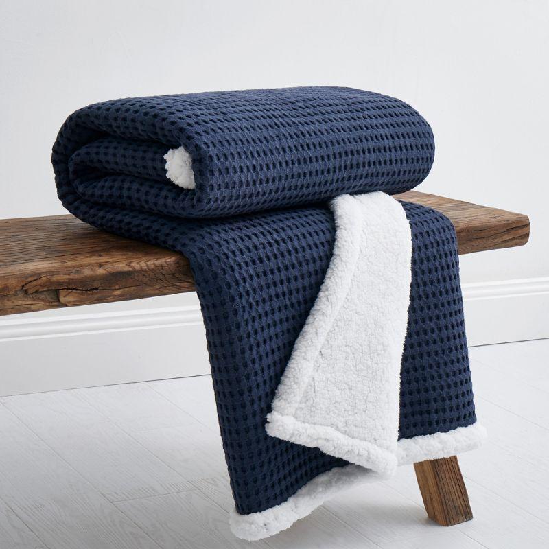 Navy Cotton Waffle-Quilt Reversible Sherpa Throw Set