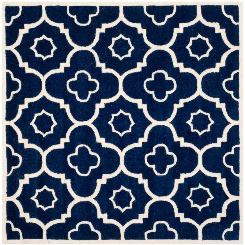 Dark Blue and Ivory Hand-Tufted Wool Square Rug