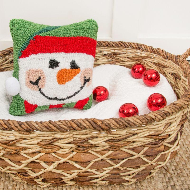 Happy Snowman Red and Green Hooked Holiday Pillow