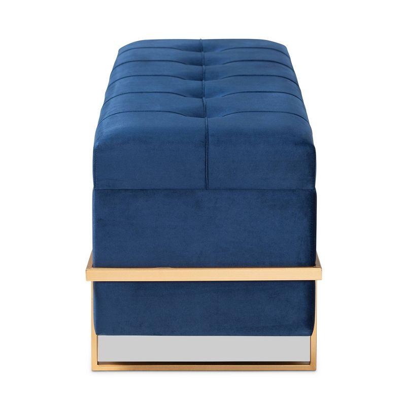 Parker Velvet Upholstered and Metal Storage Ottoman Blue/Gold - Baxton Studio: Rectangular Bench with Bow Pattern