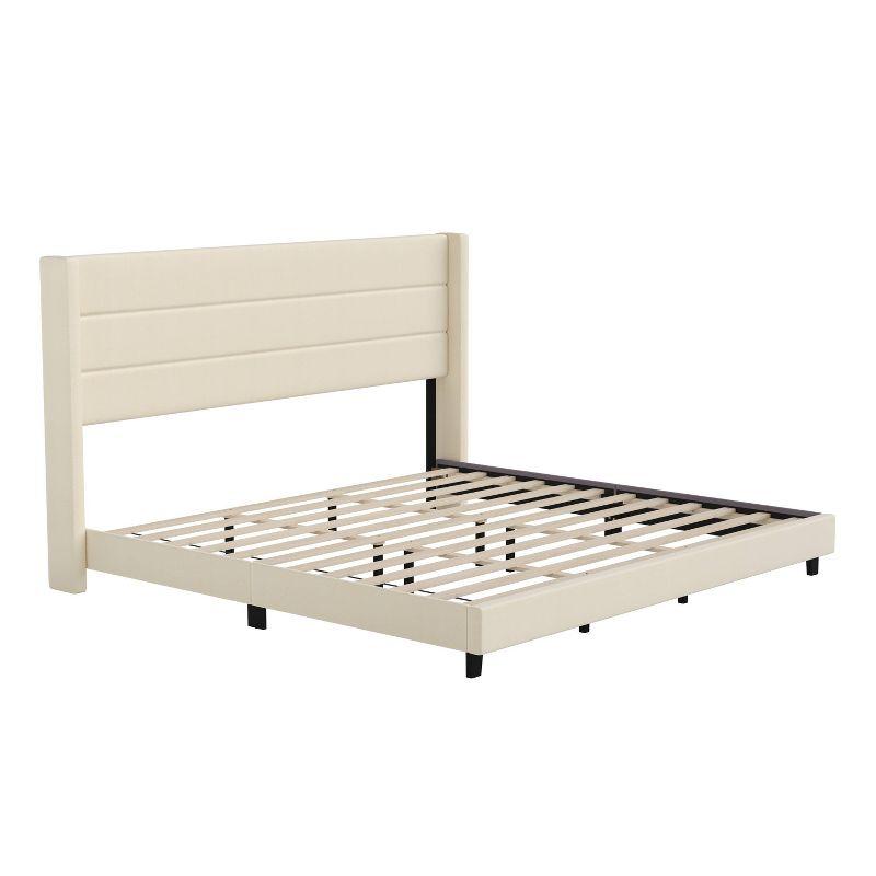 Taylor & Logan King 47" High Hilton Platform Bed Beige: Wingback Headboard, Faux Linen, Foam Padding, Wooden Slat Support