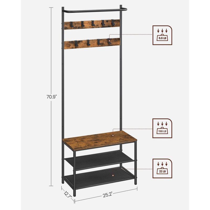 VASAGLE Hall Tree with Bench and Shoe Storage, Entryway Bench with Coat Rack Stand and Shoe Rack, Fabric Shelves, Rustic Brown and Black