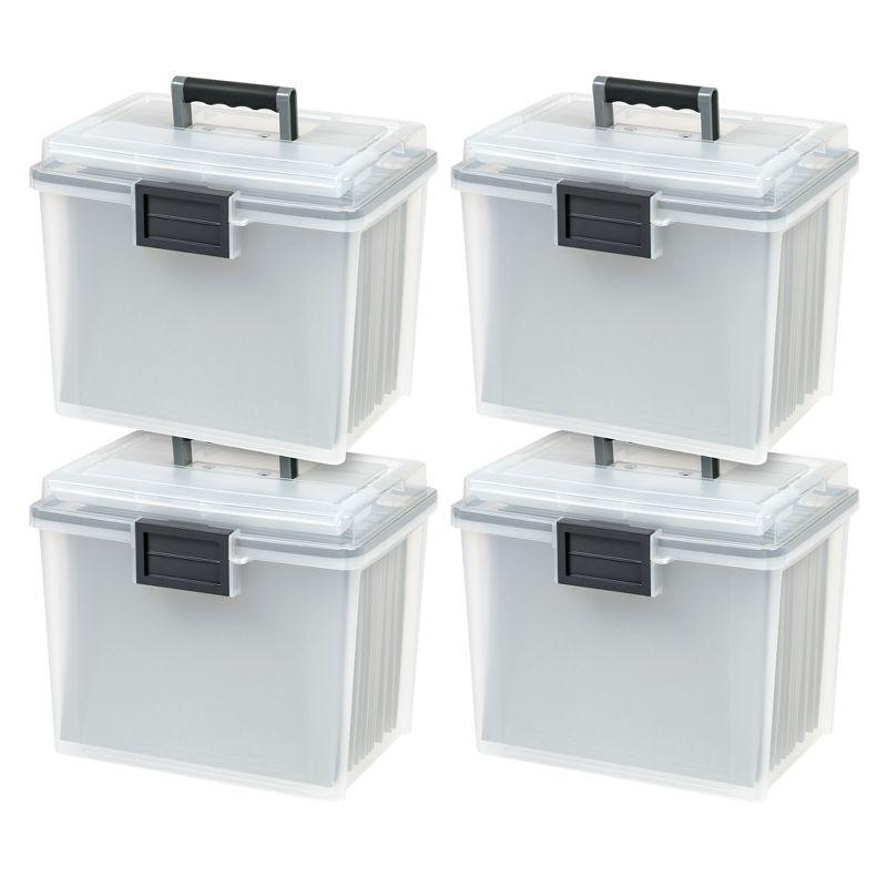 IRIS USA File Box WeatherPro Portable File Organizer Plastic File Box for Letter File w/ Organizer-Lid, Clear 19 Qt. 4 Pack