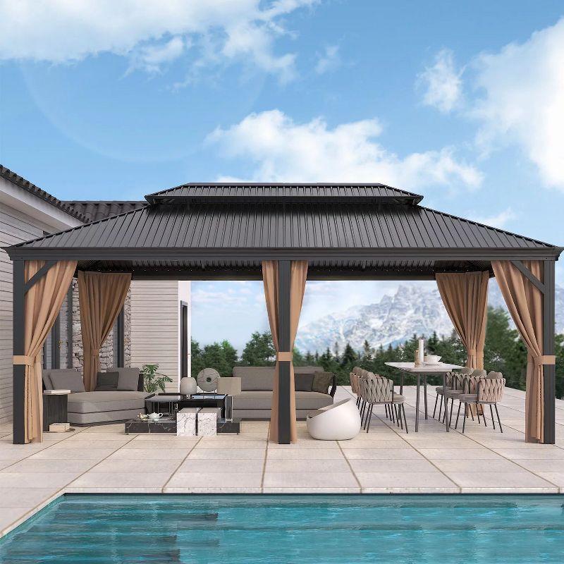 LACOO 20' × 12' Galvanized Aluminum Hardtop Permanent Gazebo with Double Roof, Netting and Curtains