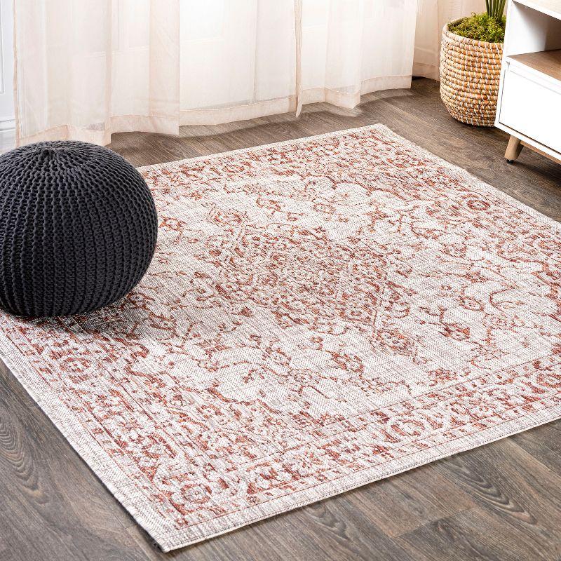 5' Square Rozetta Boho Medallion Textured Weave Indoor/Outdoor Area Rug, Red/Taupe - JONATHAN Y