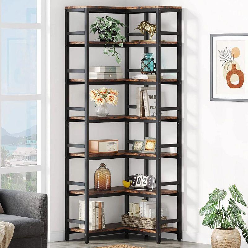 Hommoo 7-Tier Tall Corner Bookshelf Rustic Brown