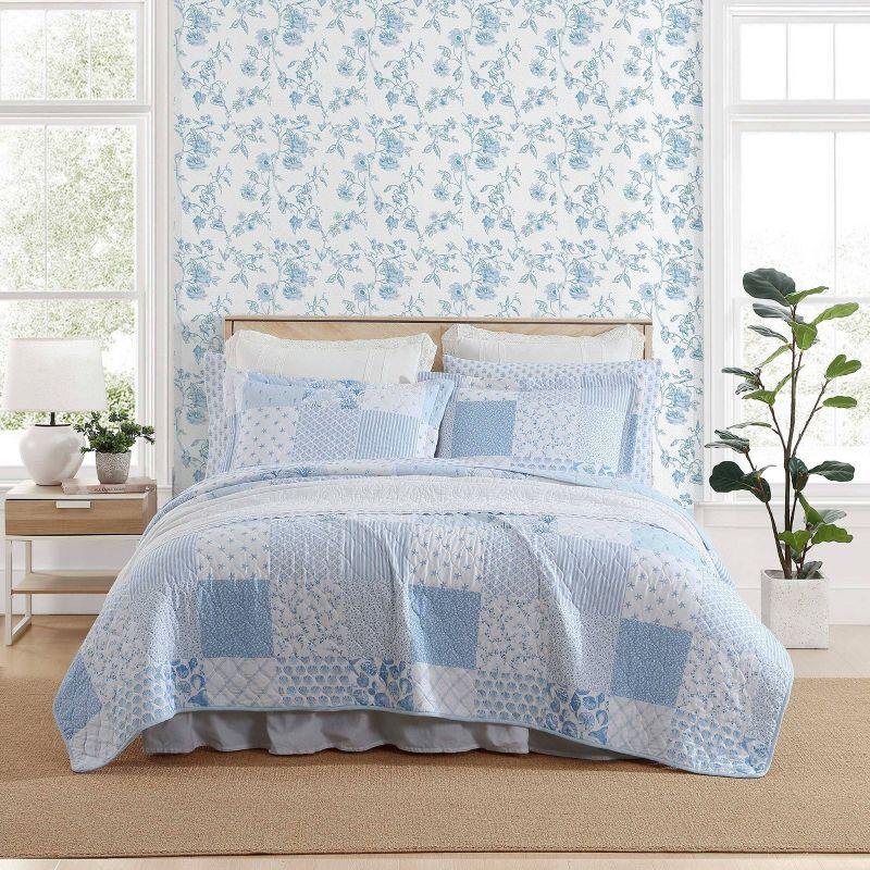 Blue Cotton Twin Reversible Quilt Set with Shams