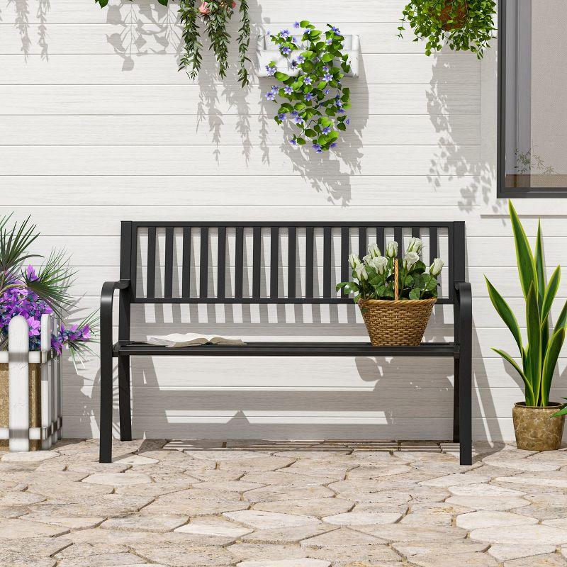 Outsunny 50" Garden Park Bench, Slatted Steel Outdoor Decorative Loveseat for Patio Lawn