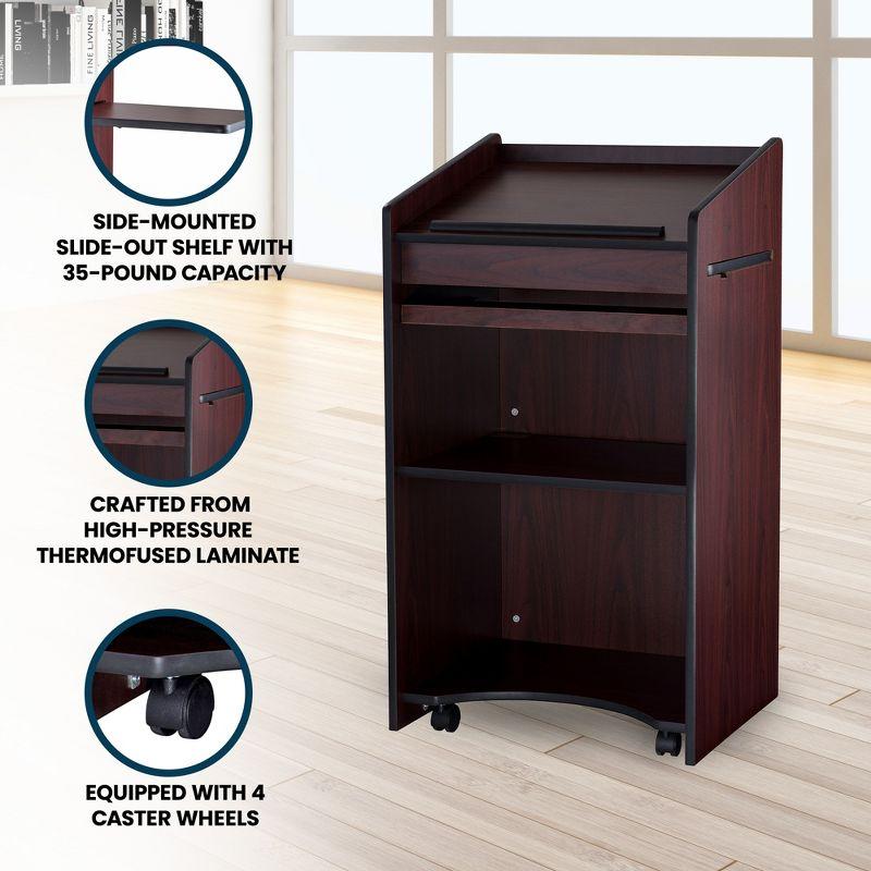 Oklahoma Sound Aristocrat Non Sound Lectern Podium with 2 Built In Shelves, Slide Out Shelf, and Caster Wheels for Meeting Rooms, Mahogany