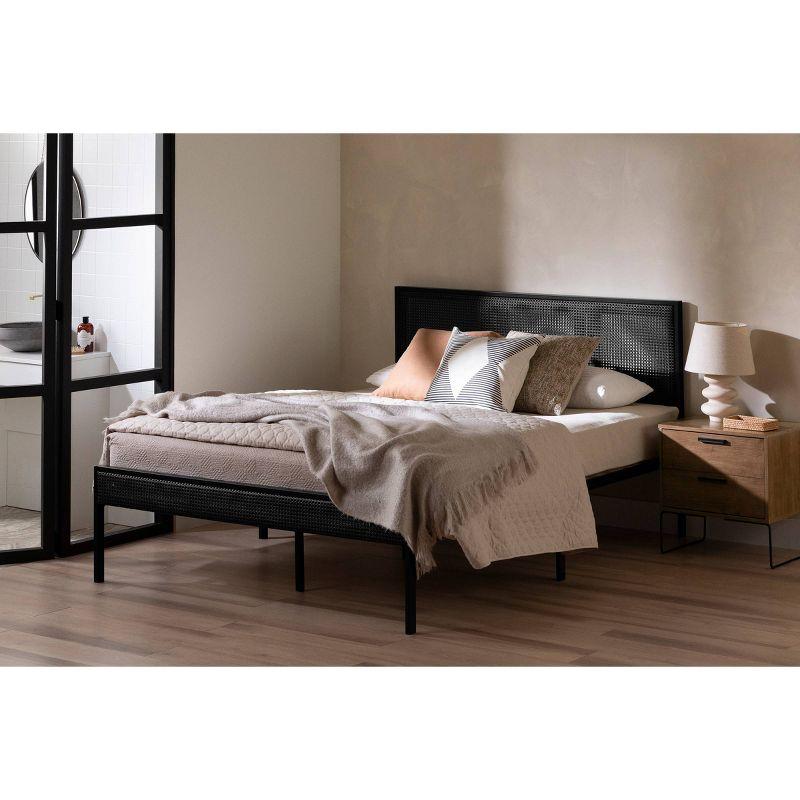 Full Black Metal Platform Bed with Natural Cane Headboard and Slats