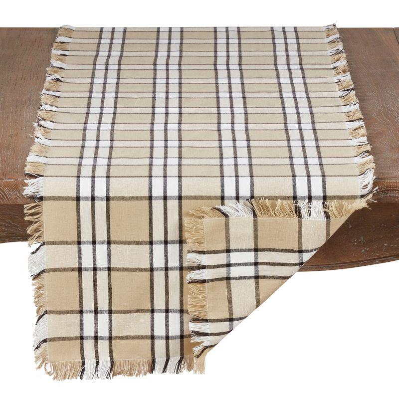 Khaki Plaid Cotton Table Runner with Fringe, 16" x 72"