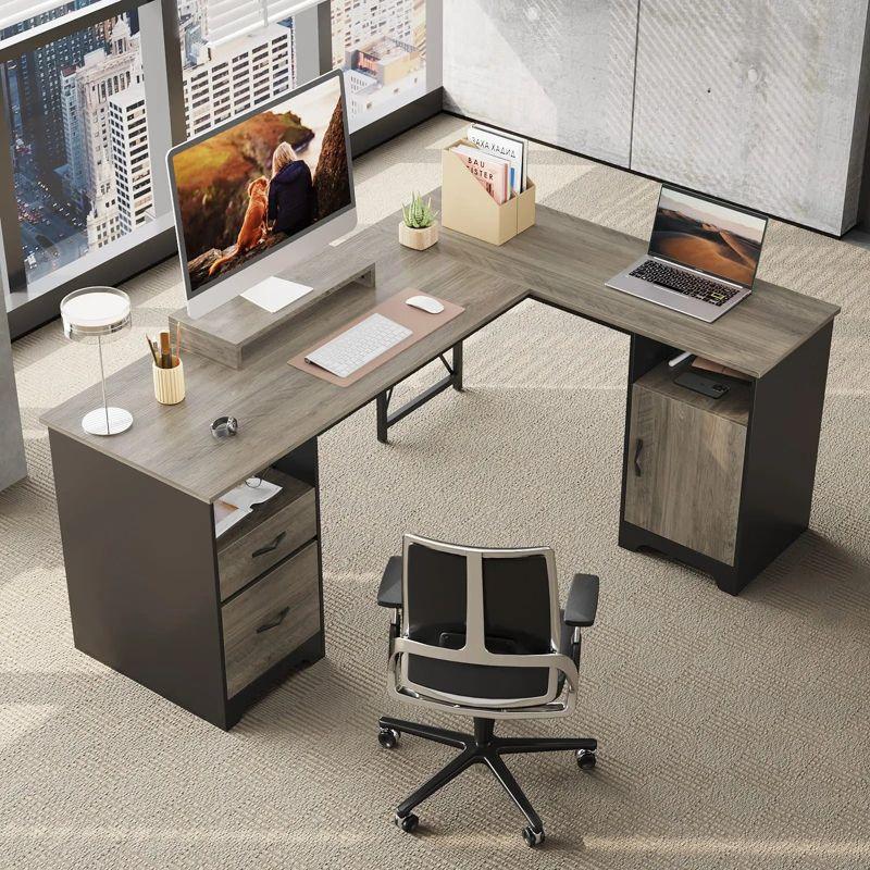 Bestier L Shaped Desk with Drawers 63" Office Computer Desk with Monitor Stand, Gray Wash