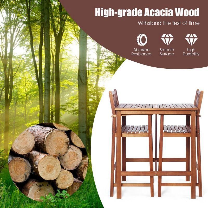 Costway 3PCS Bar Set Acacia Wood Bar Height Patio Bistro Dining Set Outdoor