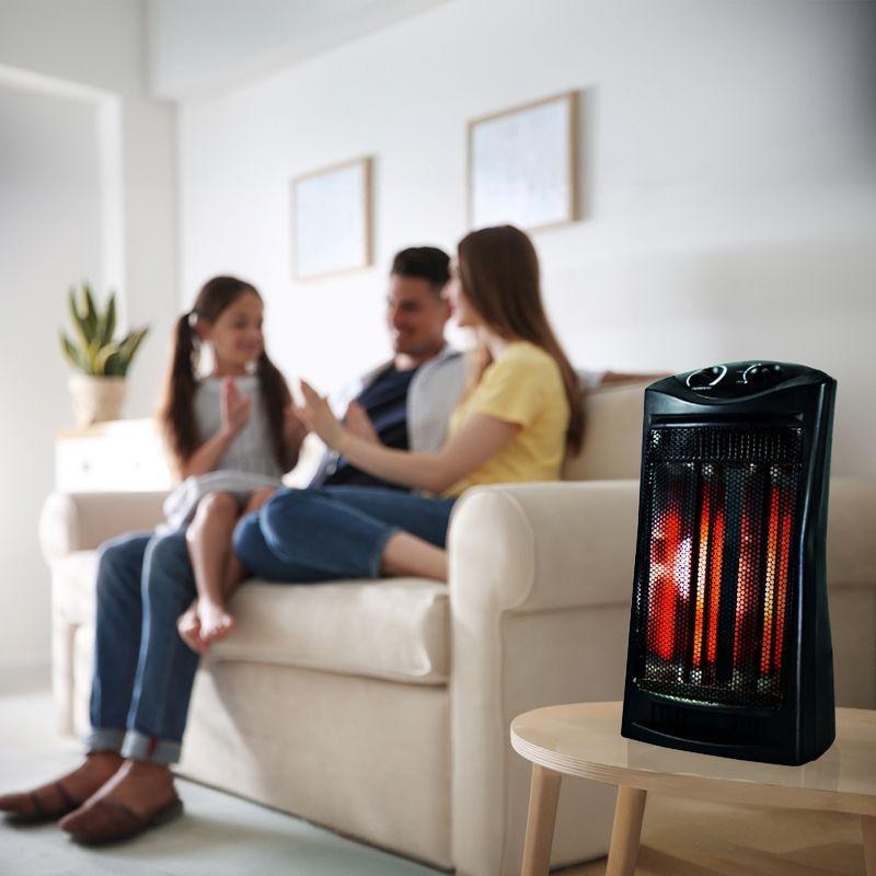 Geneva Industrial 1500W Quartz Infrared Electric Tower Heater with Adjustable Thermostat, Dual Quartz Tubes, Tip-Over Switch for Indoor Use, Black