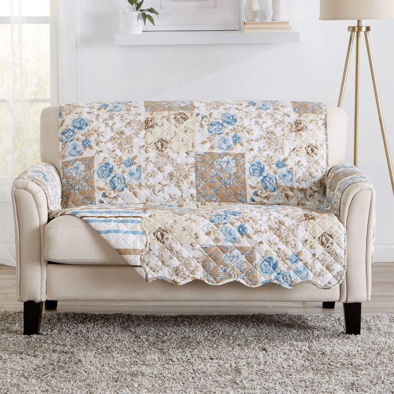 Taupe and Blue Floral Patchwork Reversible Loveseat Protector