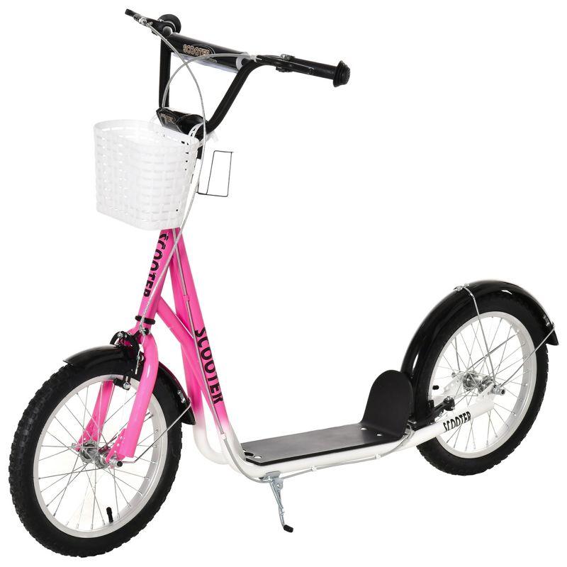 Aosom Youth Scooter, Kick Scooter with Adjustable Handlebars, Double Brakes, 16" Inflatable Rubber Tires, Basket, Cupholder, Mudguard Ages 5-12 years old