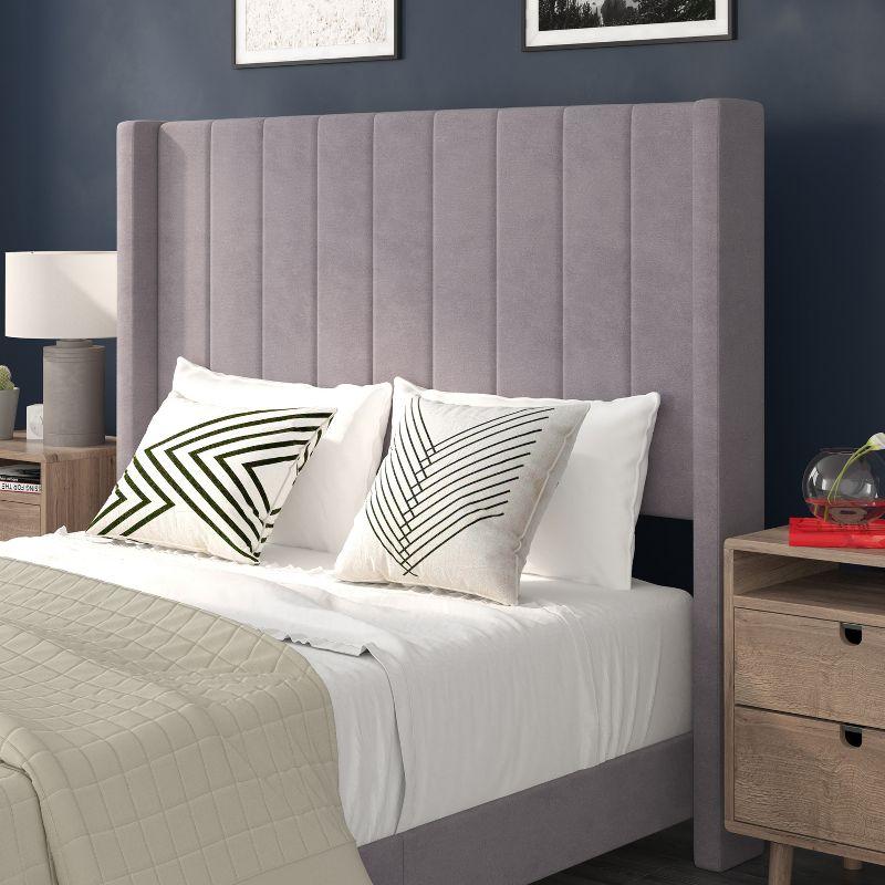 Modern Gray Velvet Upholstered Full Platform Bed with Wingback Headboard