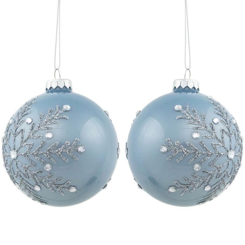 Set of 2 Blue Glass Ornaments with Silver Glitter Snowflakes