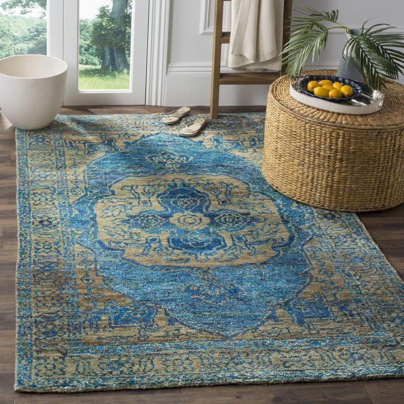 Teal and Beige Hand-Knotted Wool and Viscose Area Rug