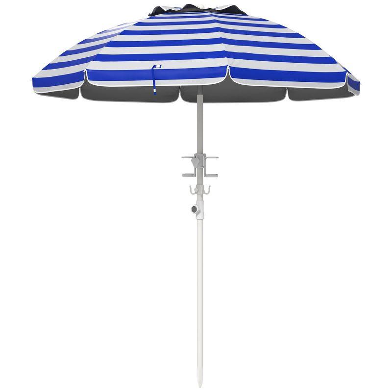 5.7 ft Blue and White Striped Beach Umbrella with Cup Holders