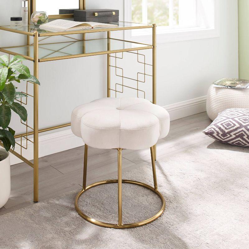 Boho Luxe White Velvet Floral Vanity Stool with Gold Base