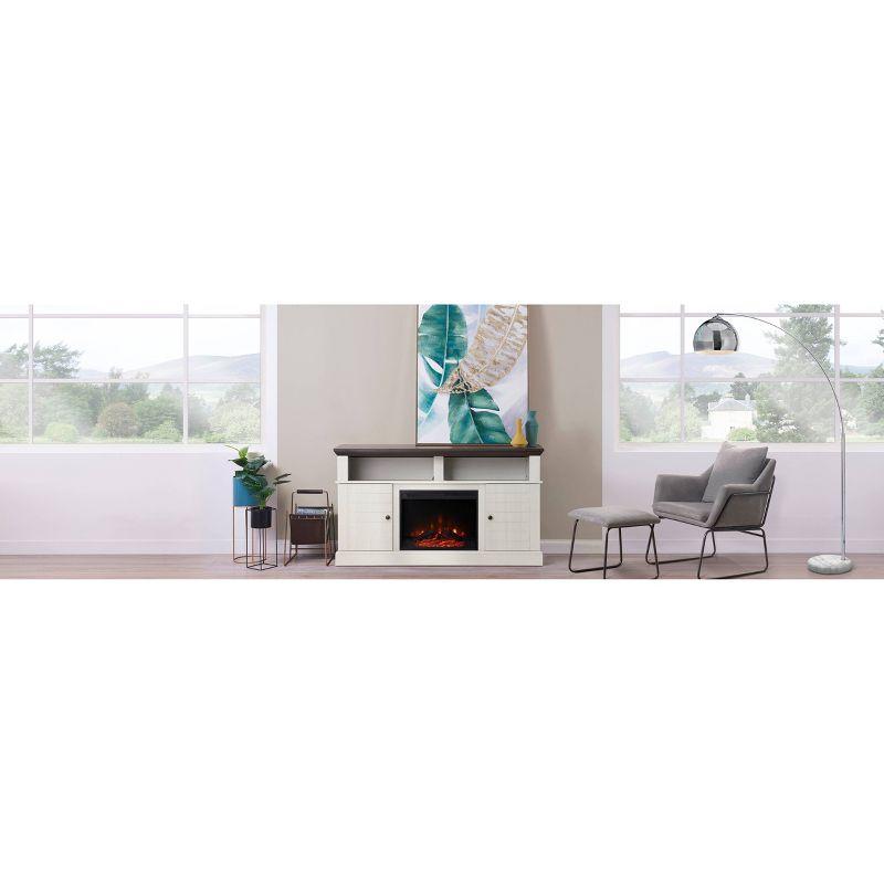 Eliana 60" White and Dark Oak Fireplace TV Stand with Cabinets