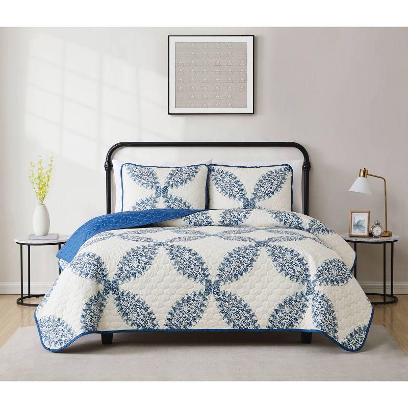Cannon 2pc Twin/Twin Extra Long Abigail Quilt Bedding Set White/Blue: Microfiber, Paisley Pattern, Machine Washable