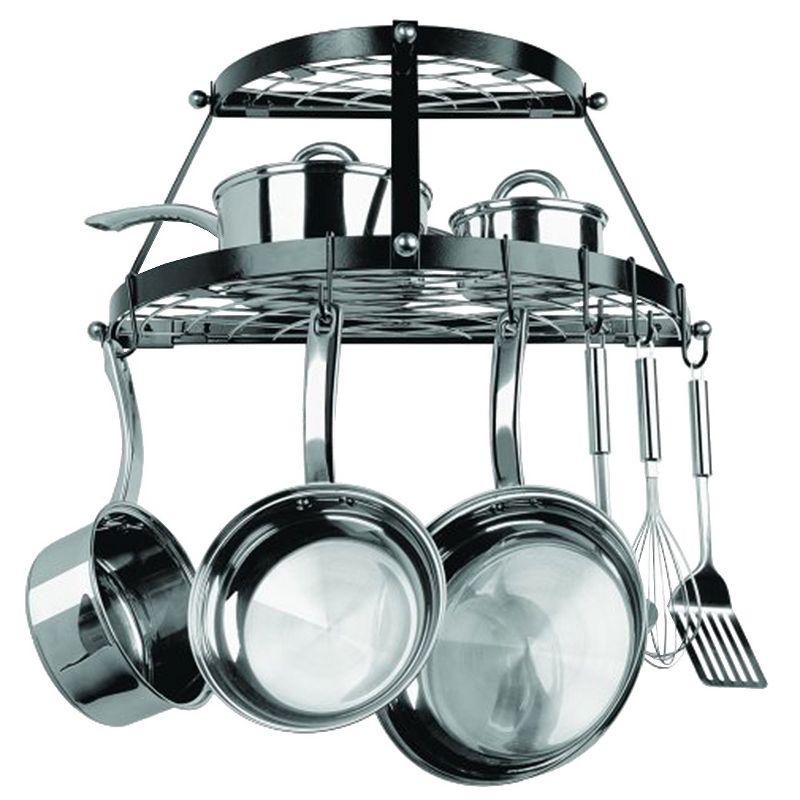 Black Metal Double Shelf Wall Mounted Pot Rack with Hooks