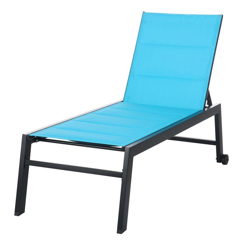 Outsunny Chaise Lounge Outdoor Pool Chair with Wheels, Five Position Recliner for Sunbathing, Suntanning, Steel Frame, Breathable Fabric, Blue