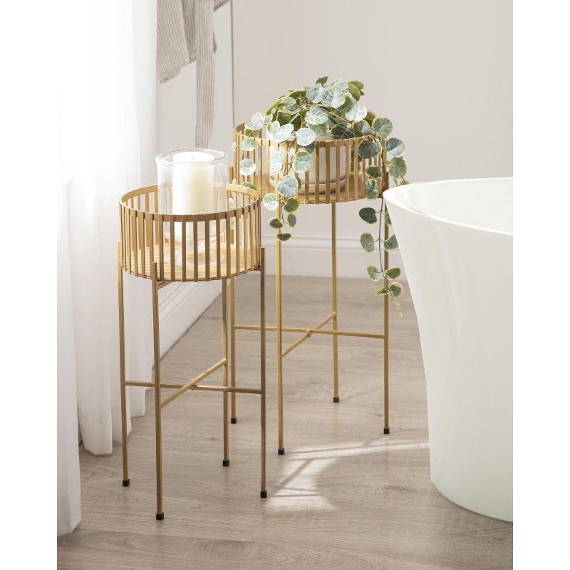 Gold Metal Slatted Two-Piece Plant Stand Set