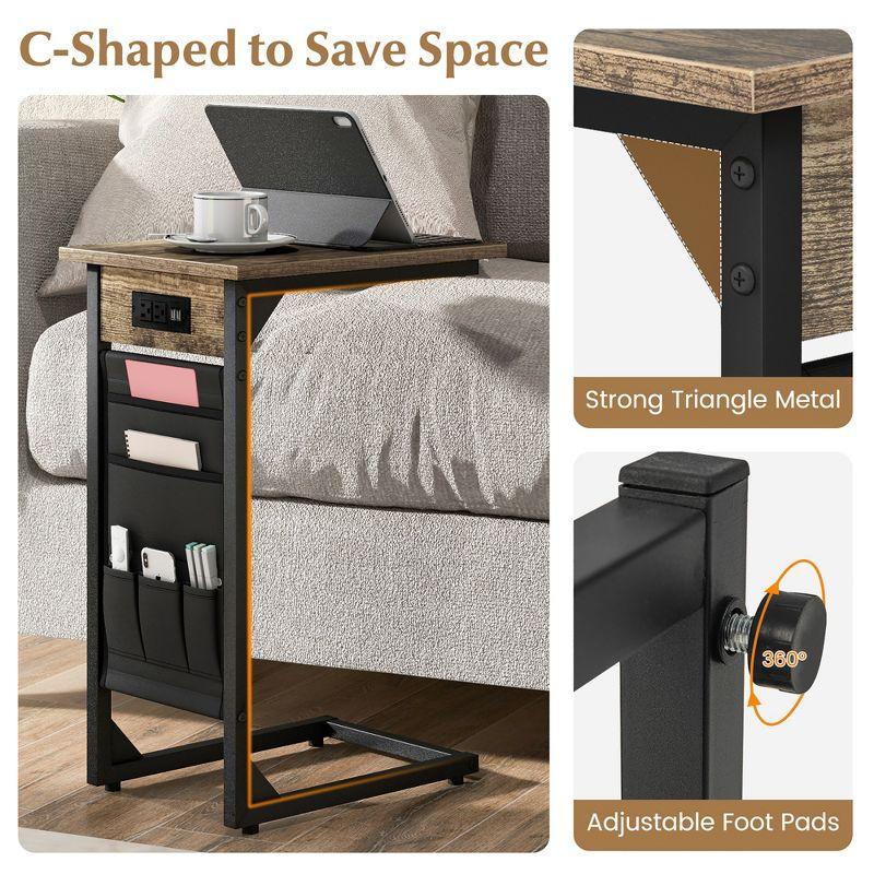 Tangkula 2PCS C Shaped End Table Sofa Side Table with Charging Station & Side Storage Bag