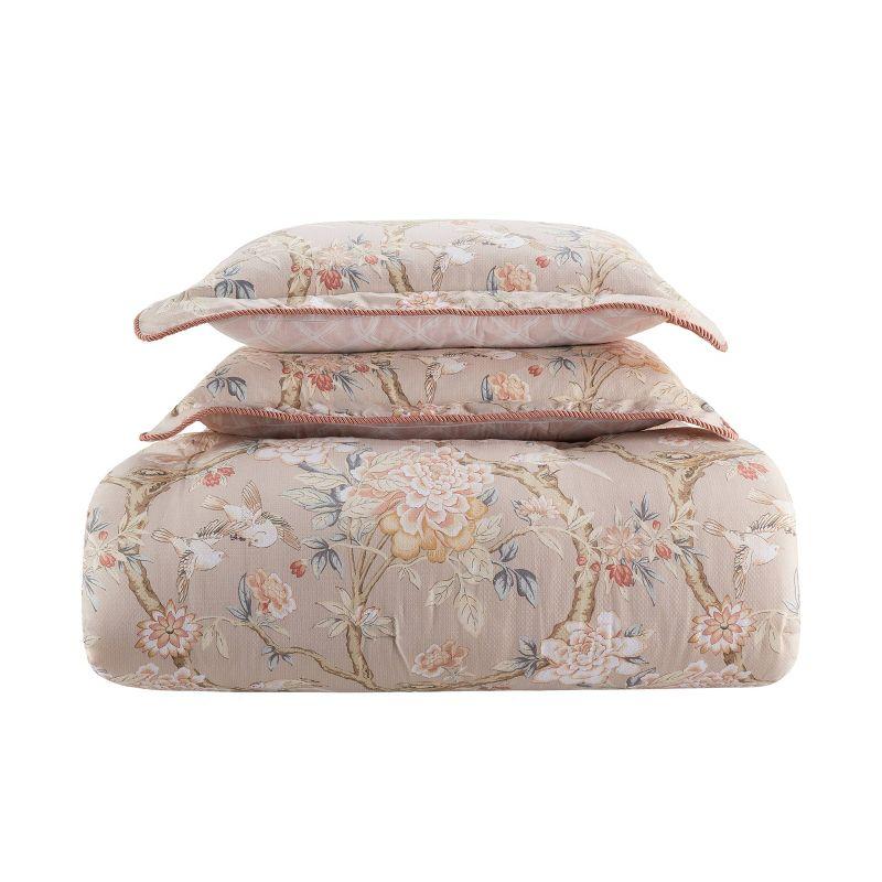 Queen Taupe Cotton Reversible Floral Comforter Set with Trim