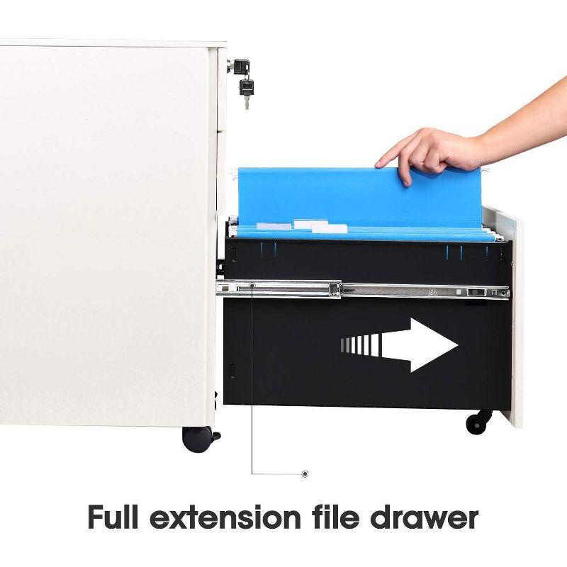 Locking File Cabinet, 3 Drawer Rolling Pedestal Under Desk Office, Fully Assembled Except Casters, White